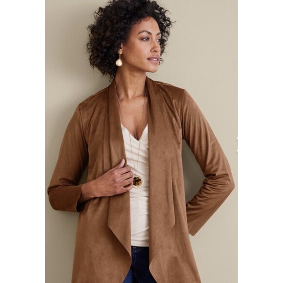 Soft Surroundings Shape Drape Jacket Womens Petite PM Brown Faux Suede Rodeo NWT - Picture 2 of 3